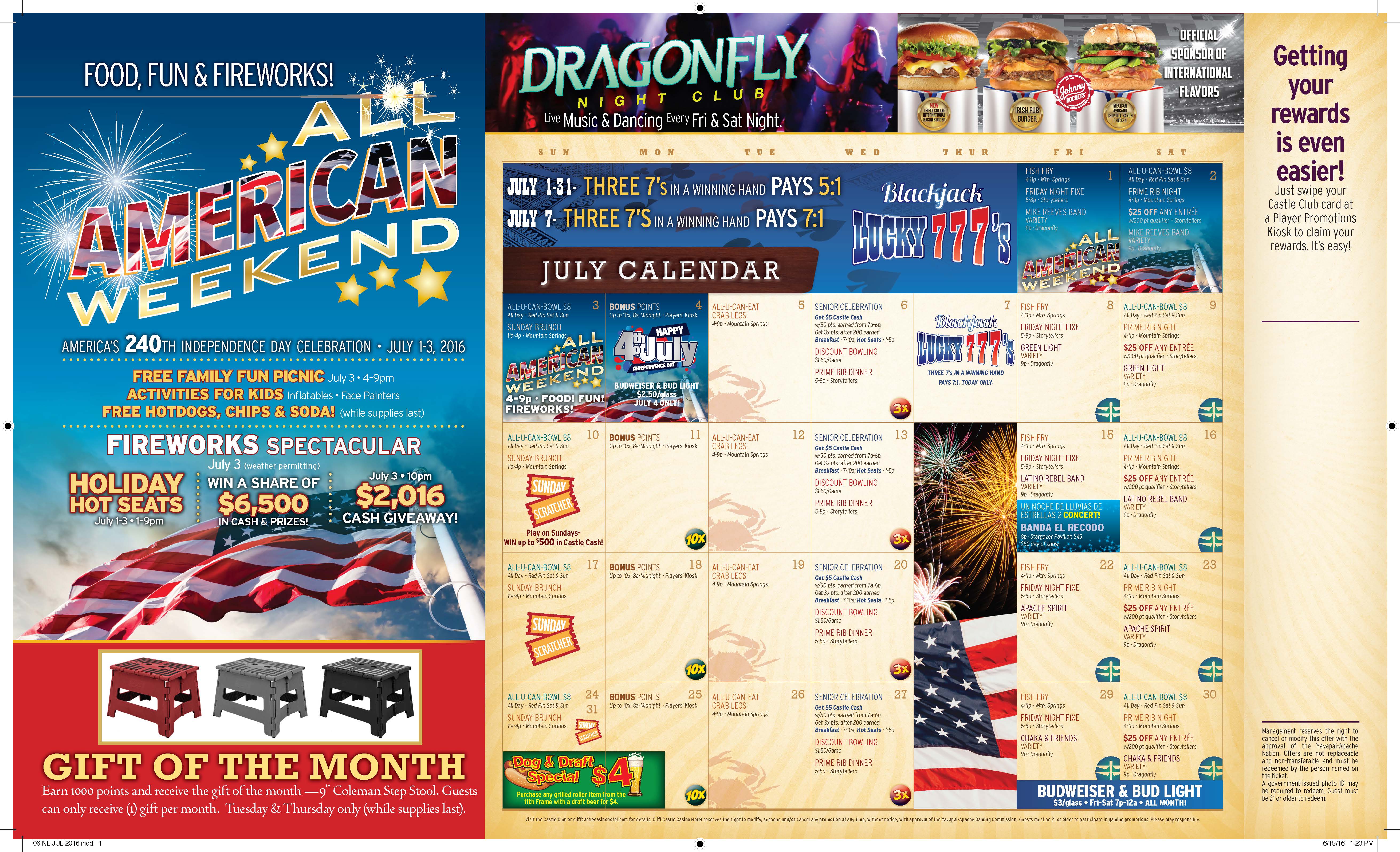 Tri-fold self-mailing Newsletter interior, showing monthly casino promo, event calendar and ads for the various casino venues.
