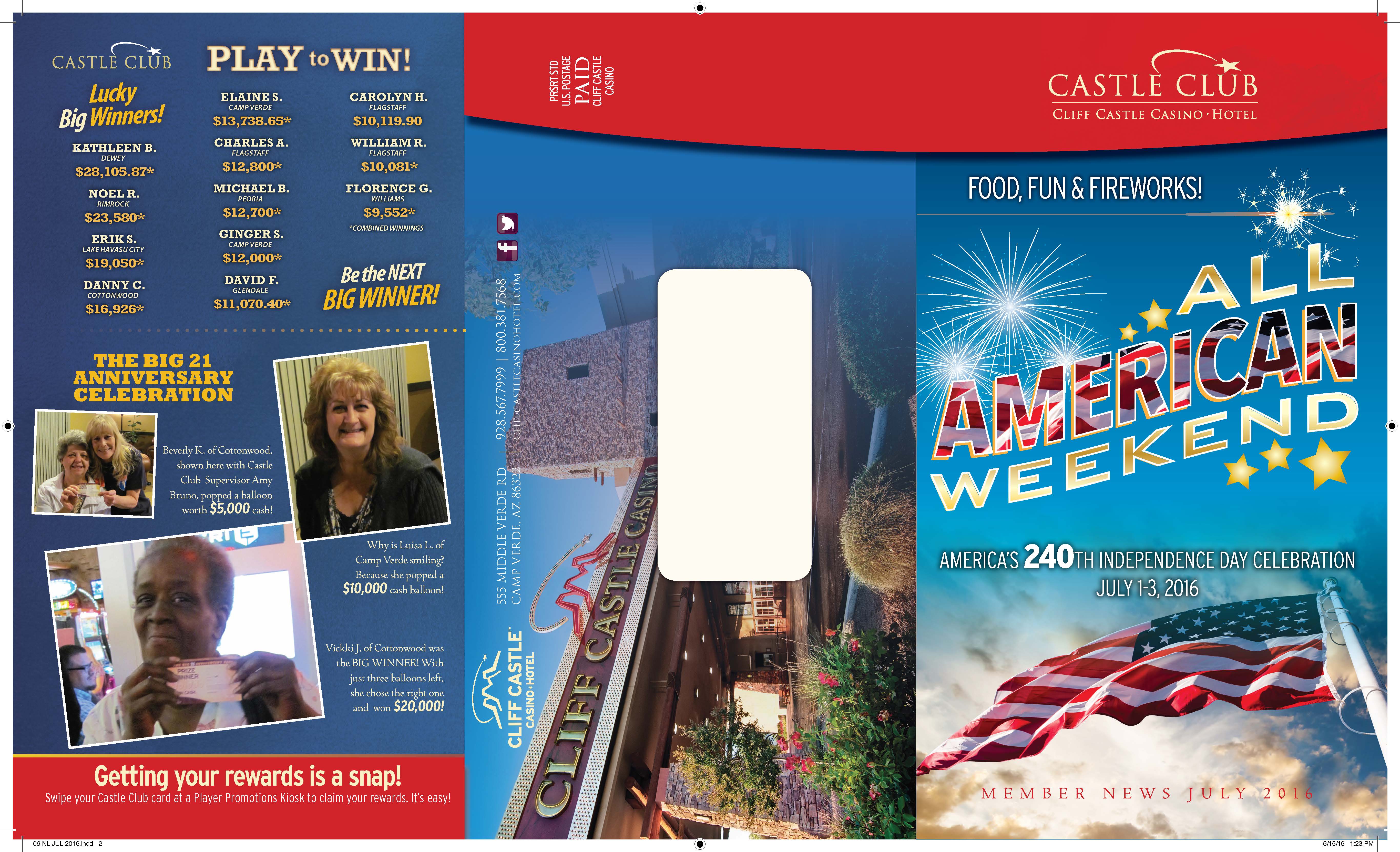 Tri-fold self-mailing Newsletter cover, showing monthly casino promo, winners' info and mailing info.