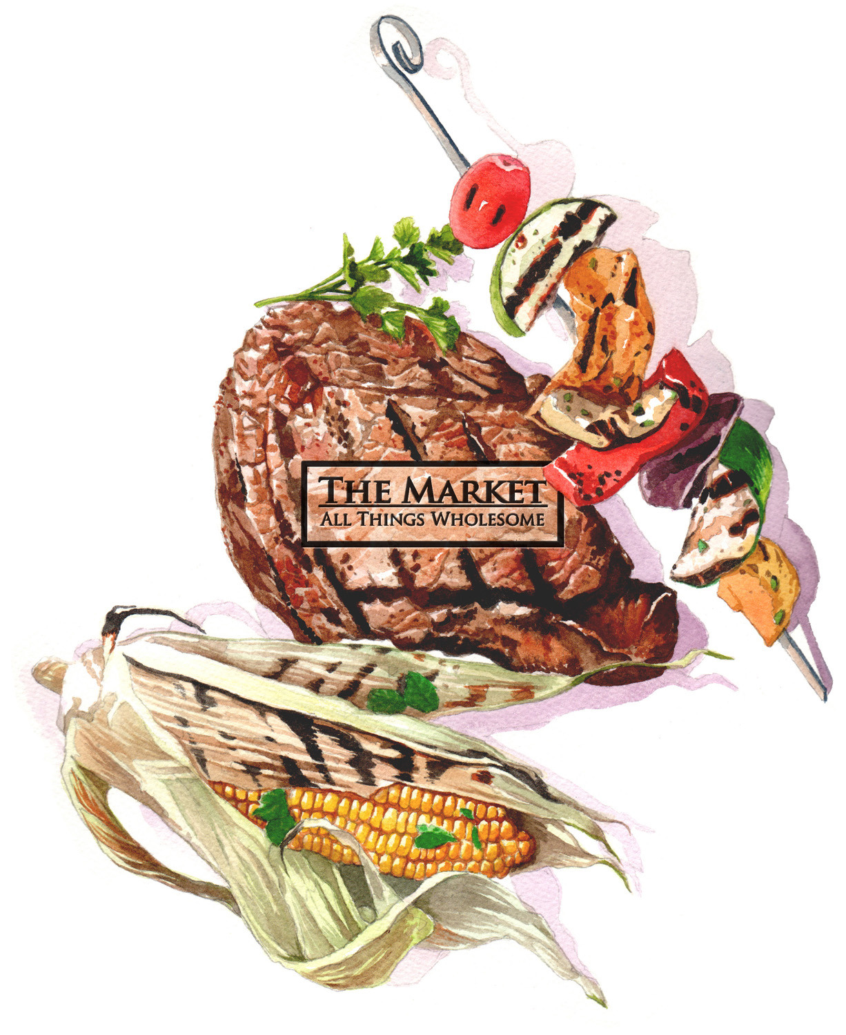 Created for The Market, Fairfield, CT. Watercolor with Photoshop type on steak.