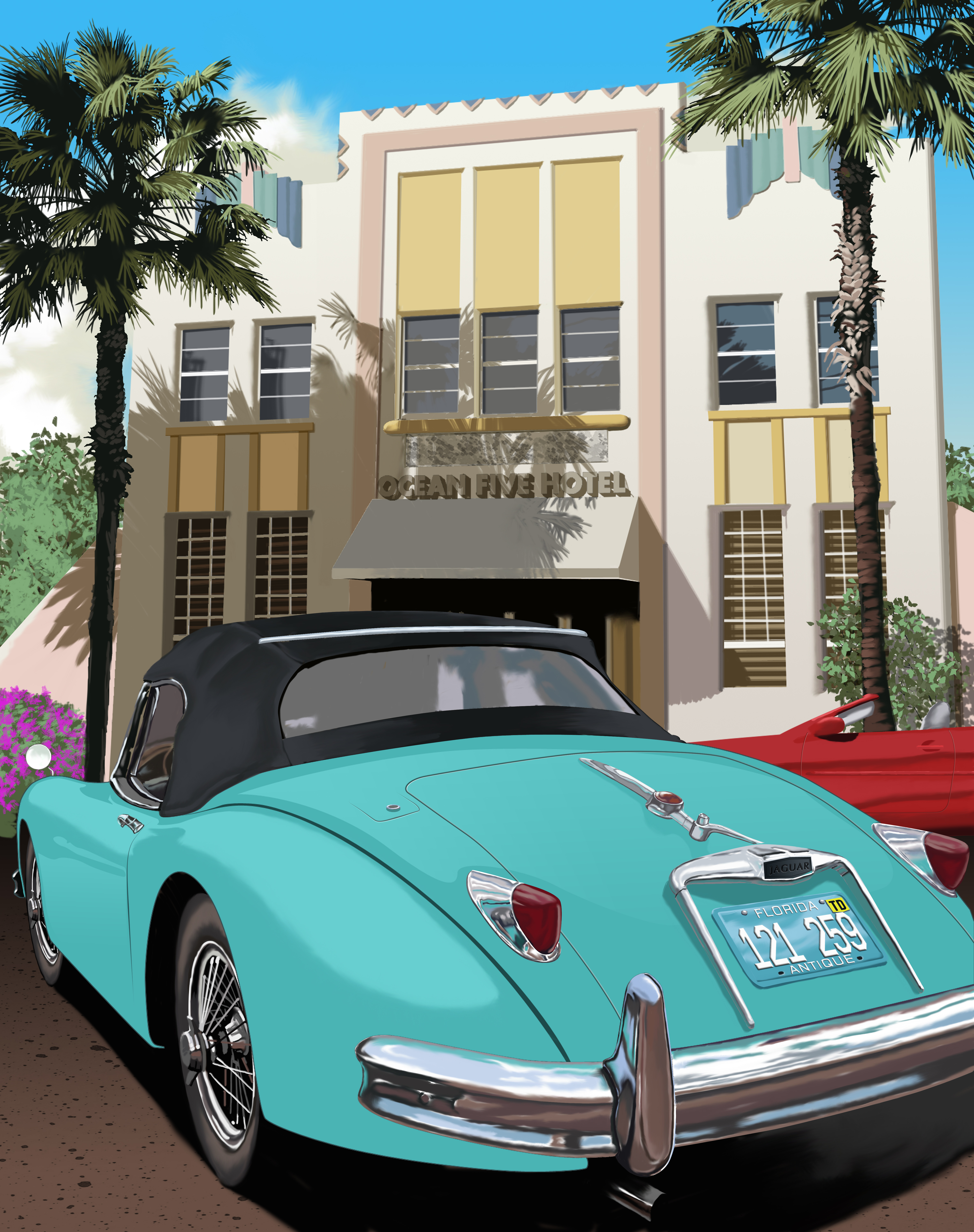 Jaguar in Miami. Classic car in front of a classic hotel. Painted in Photoshop.