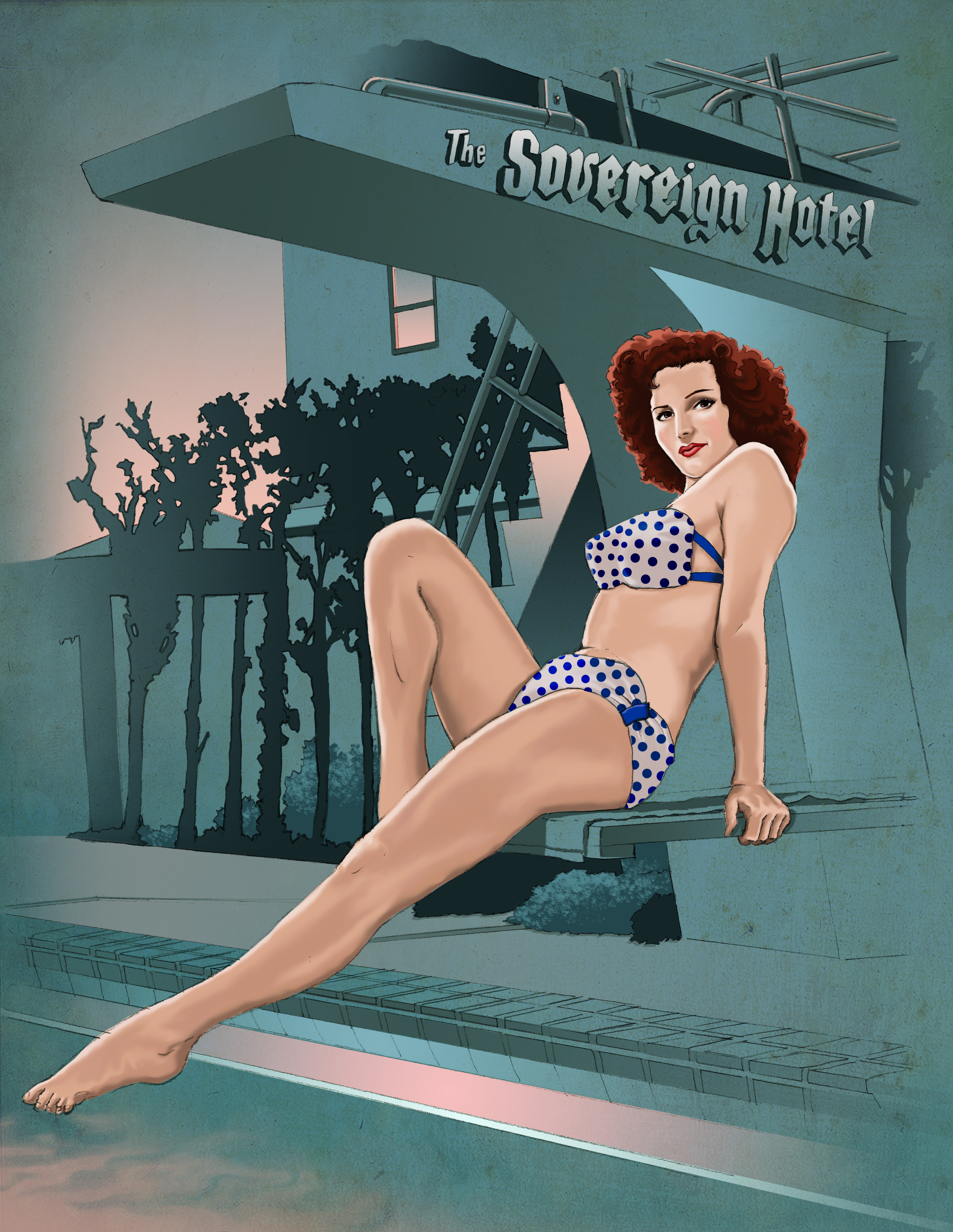Girl perched on the diving board at the Sovereign Hotel. Painted in Photoshop, with pencil drawing.