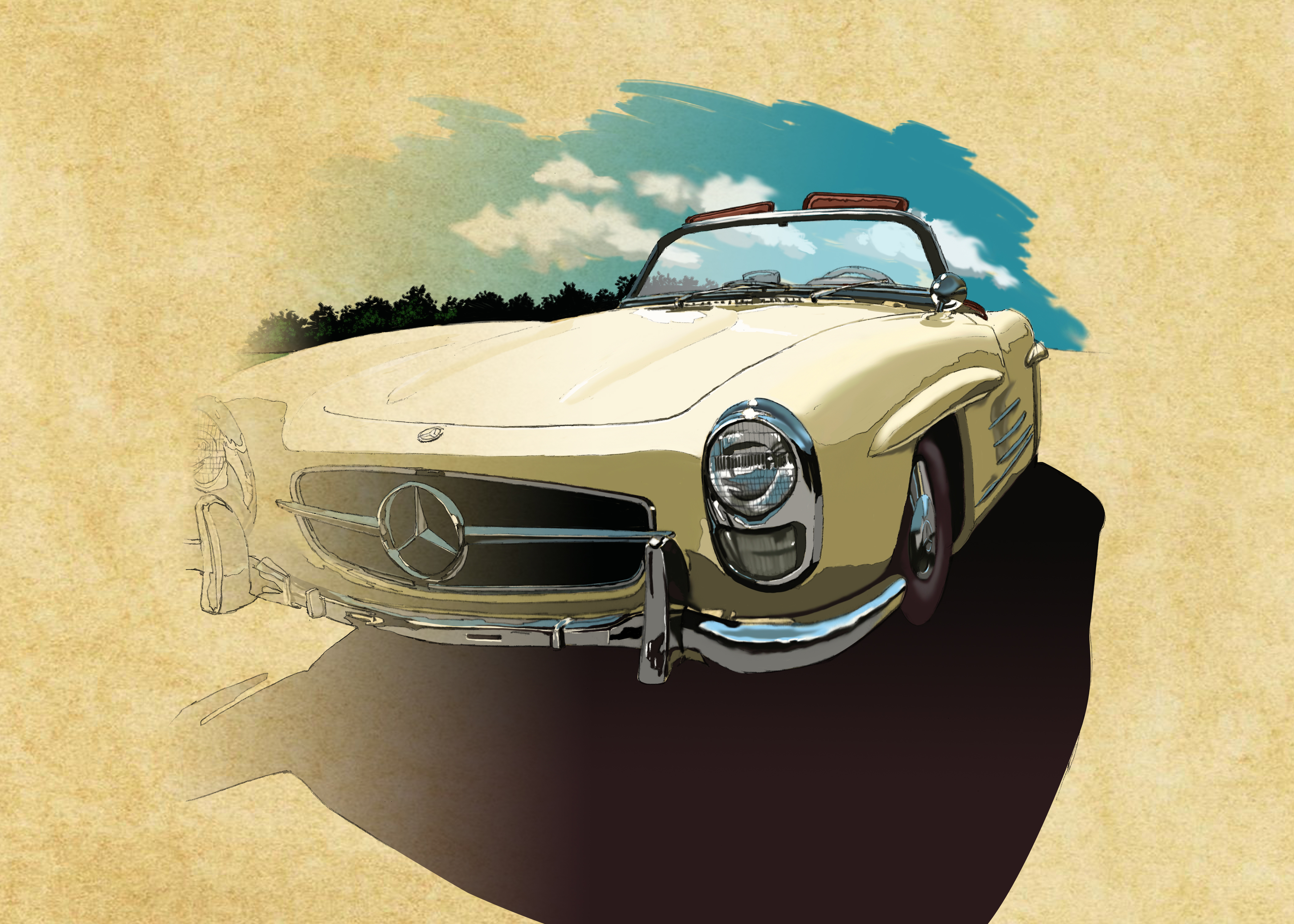 Mercedes Benz classic convertible. Painted in Photoshop, with pencil drawing.