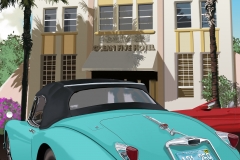 Jaguar in Miami. Classic car in front of a classic hotel. Painted in Photoshop.